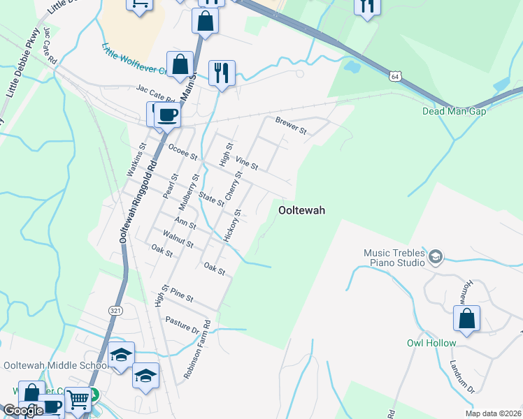 map of restaurants, bars, coffee shops, grocery stores, and more near 5638 Mountain Oaks Lane in Ooltewah