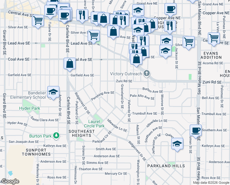 map of restaurants, bars, coffee shops, grocery stores, and more near 4300 Pershing Avenue Southeast in Albuquerque