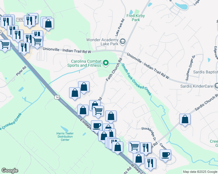 map of restaurants, bars, coffee shops, grocery stores, and more near 3520 Selway Drive in Indian Trail