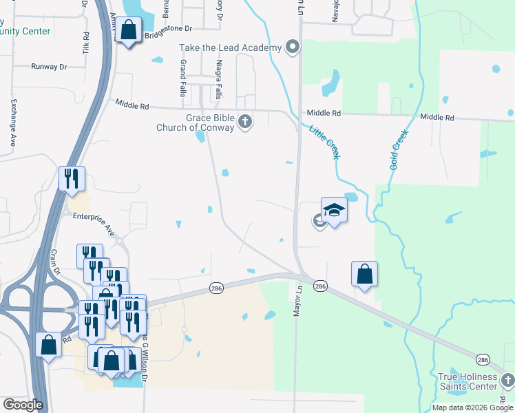 map of restaurants, bars, coffee shops, grocery stores, and more near 9 Langford Drive in Conway