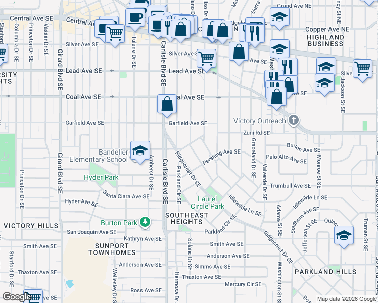 map of restaurants, bars, coffee shops, grocery stores, and more near 607 Solano Drive Southeast in Albuquerque