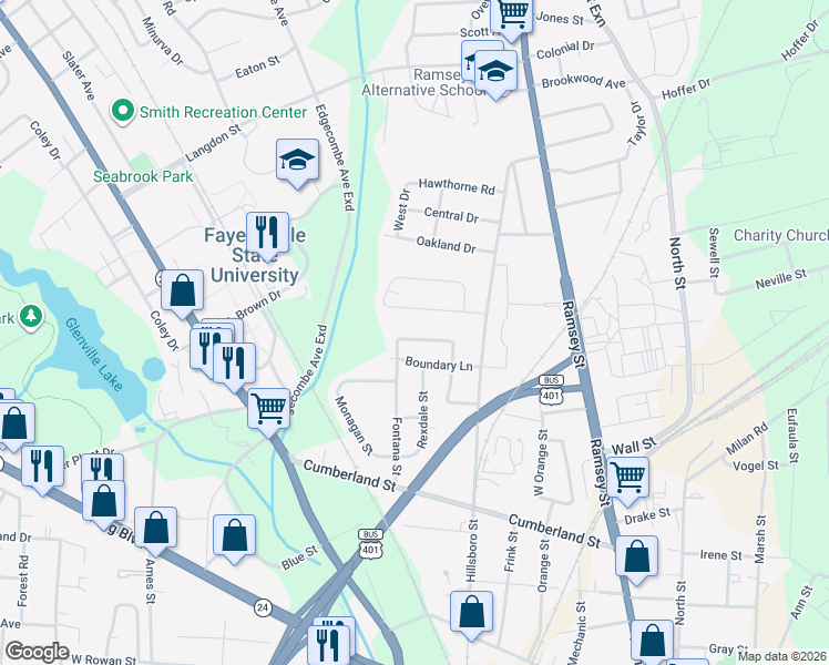 map of restaurants, bars, coffee shops, grocery stores, and more near 522 Donovan Street in Fayetteville