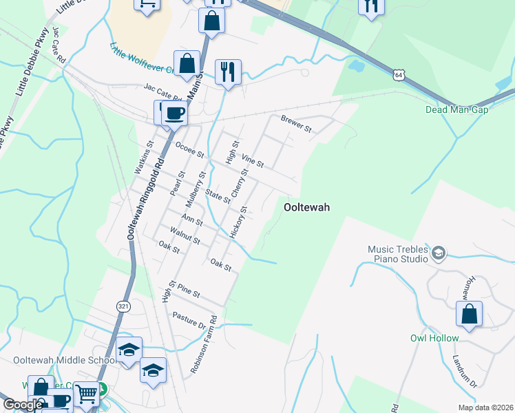 map of restaurants, bars, coffee shops, grocery stores, and more near 5638 Mountain Oaks Lane in Ooltewah