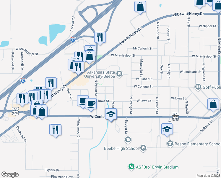 map of restaurants, bars, coffee shops, grocery stores, and more near 1201 West College Street in Beebe