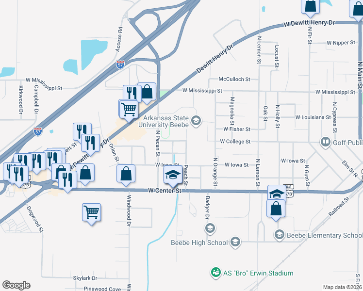map of restaurants, bars, coffee shops, grocery stores, and more near 1201 West College Street in Beebe