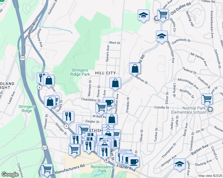 map of restaurants, bars, coffee shops, grocery stores, and more near 718 Spears Avenue in Chattanooga
