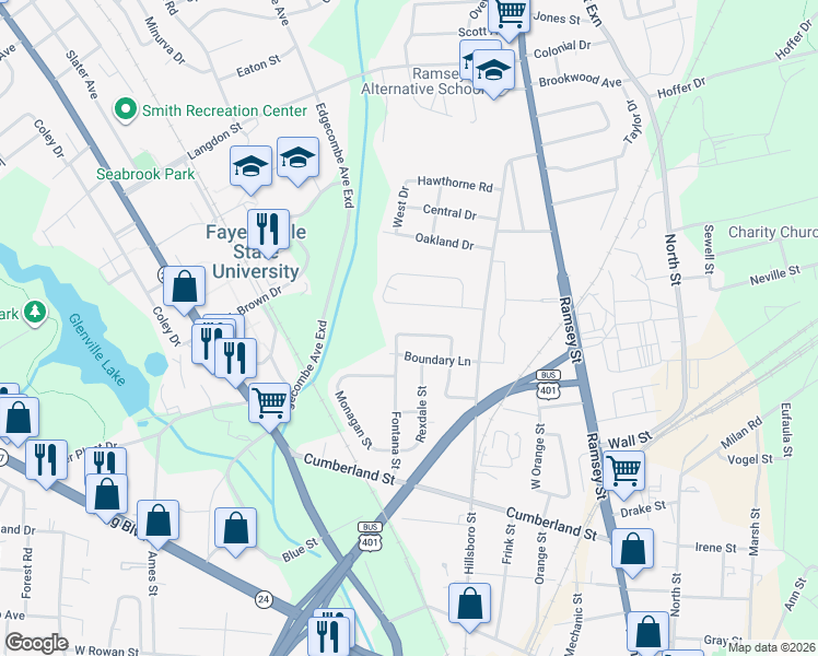 map of restaurants, bars, coffee shops, grocery stores, and more near 522 Donovan Street in Fayetteville