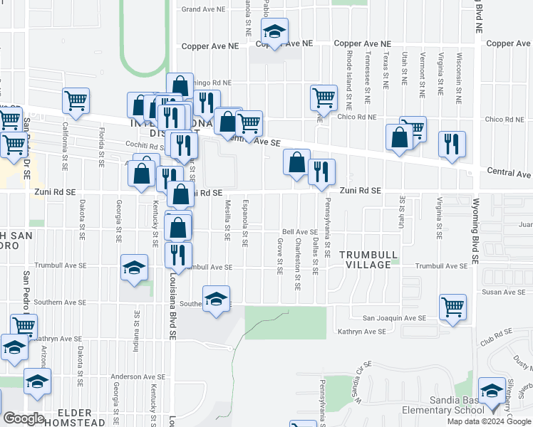 map of restaurants, bars, coffee shops, grocery stores, and more near 418 San Pablo Street Southeast in Albuquerque
