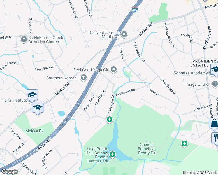 map of restaurants, bars, coffee shops, grocery stores, and more near 3401 Allenwood Road in Charlotte