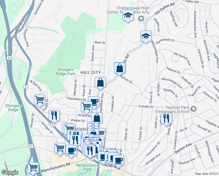 map of restaurants, bars, coffee shops, grocery stores, and more near Stellar View in Chattanooga