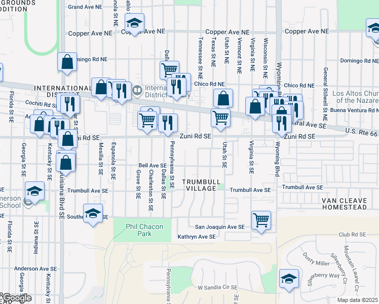 map of restaurants, bars, coffee shops, grocery stores, and more near 309 Rhode Island Street Southeast in Albuquerque