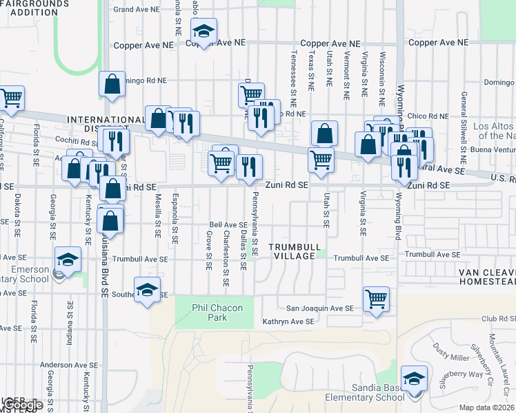 map of restaurants, bars, coffee shops, grocery stores, and more near 309 Rhode Island Street Southeast in Albuquerque