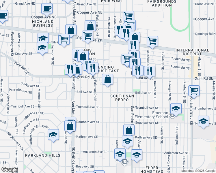 map of restaurants, bars, coffee shops, grocery stores, and more near 533 Valencia Drive Southeast in Albuquerque