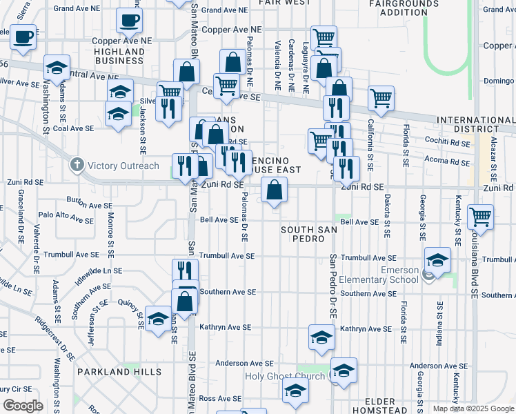 map of restaurants, bars, coffee shops, grocery stores, and more near 536 Palomas Drive Southeast in Albuquerque