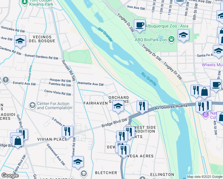map of restaurants, bars, coffee shops, grocery stores, and more near 1019 Cerro Vista Road Southwest in Albuquerque