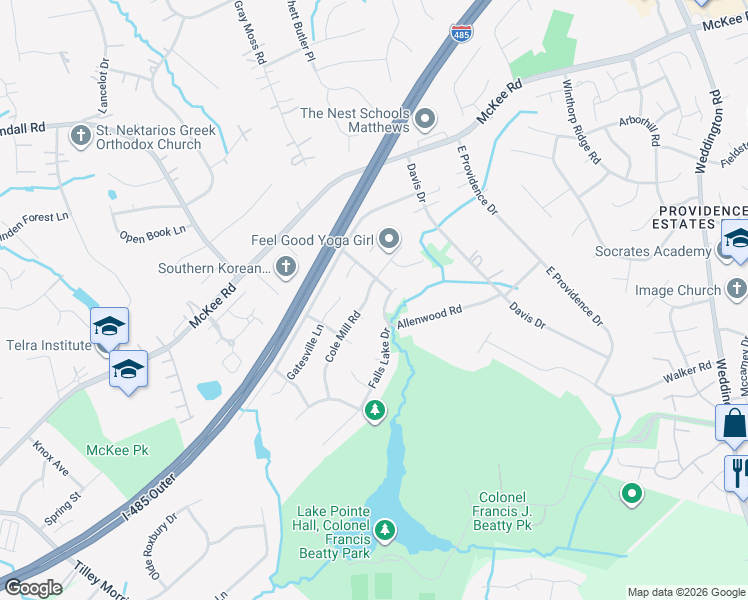 map of restaurants, bars, coffee shops, grocery stores, and more near 3401 Allenwood Road in Charlotte