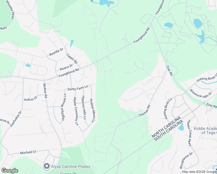 map of restaurants, bars, coffee shops, grocery stores, and more near 15735 Youngblood Road in Charlotte