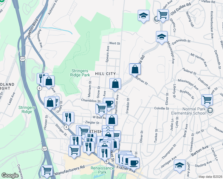 map of restaurants, bars, coffee shops, grocery stores, and more near 718 Spears Avenue in Chattanooga