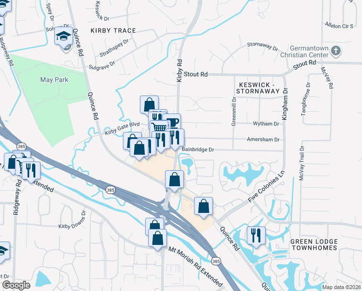 map of restaurants, bars, coffee shops, grocery stores, and more near 2856 Kirby Road in Memphis
