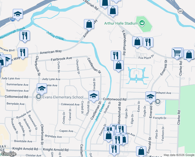 map of restaurants, bars, coffee shops, grocery stores, and more near 2829 Castleman Street in Memphis