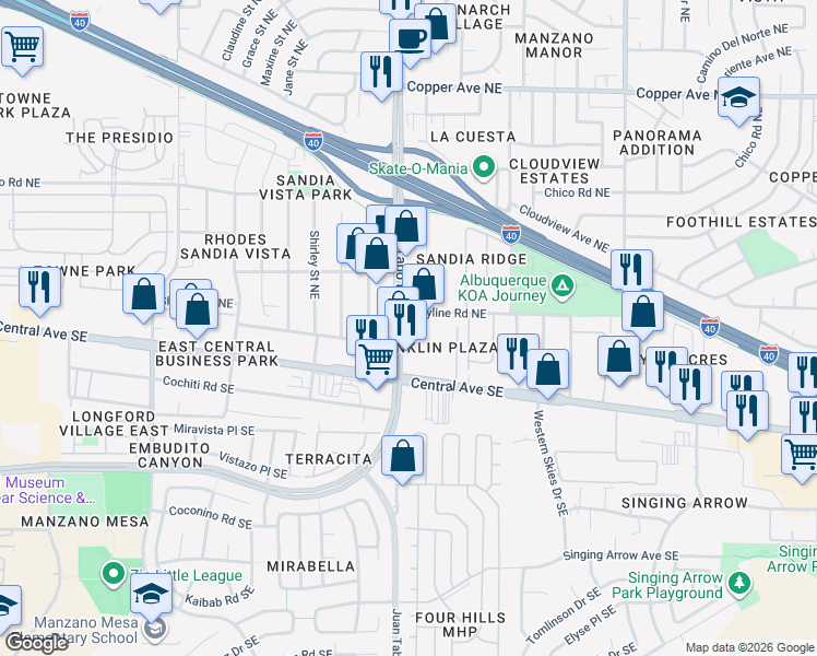 map of restaurants, bars, coffee shops, grocery stores, and more near 156 Juan Tabo Boulevard Northeast in Albuquerque