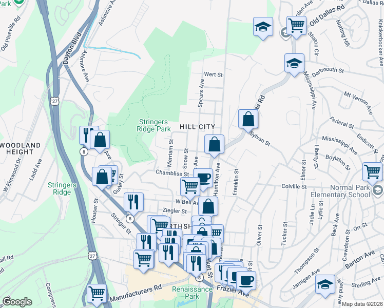 map of restaurants, bars, coffee shops, grocery stores, and more near 102 West Peak Street in Chattanooga
