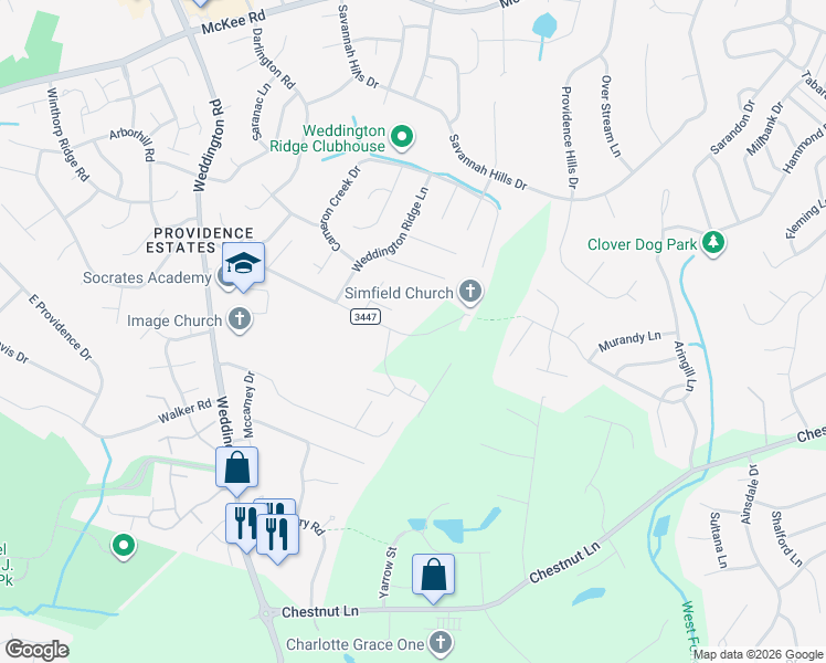 map of restaurants, bars, coffee shops, grocery stores, and more near 2405 Simfield Church Road in Matthews