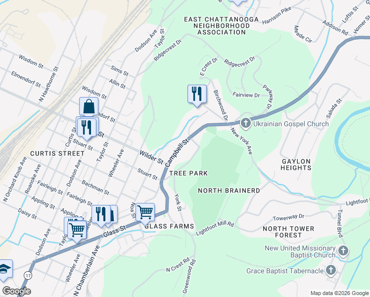 map of restaurants, bars, coffee shops, grocery stores, and more near 3206 Campbell Street in Chattanooga