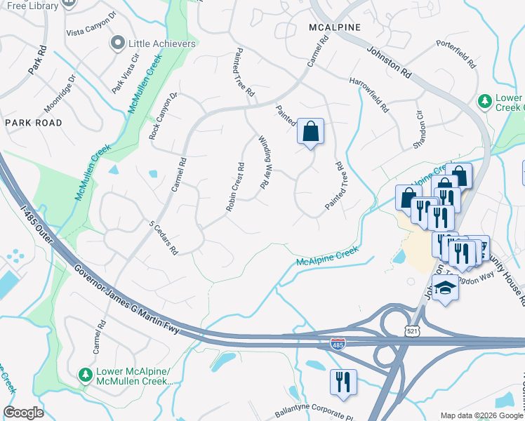 map of restaurants, bars, coffee shops, grocery stores, and more near 7413 Arborwood Court in Charlotte