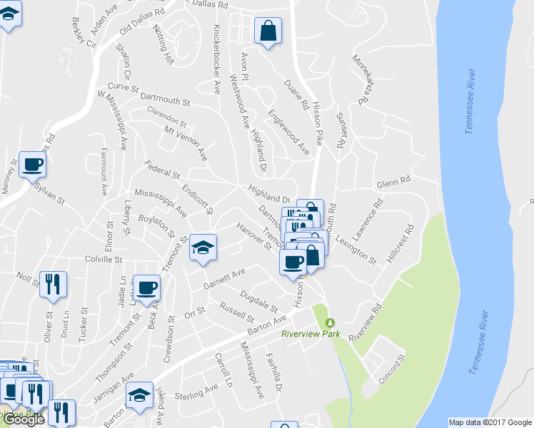 map of restaurants, bars, coffee shops, grocery stores, and more near 1126 Dartmouth Street in Chattanooga