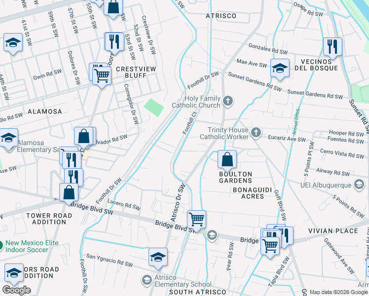 map of restaurants, bars, coffee shops, grocery stores, and more near 669 Atrisco Drive Southwest in Albuquerque