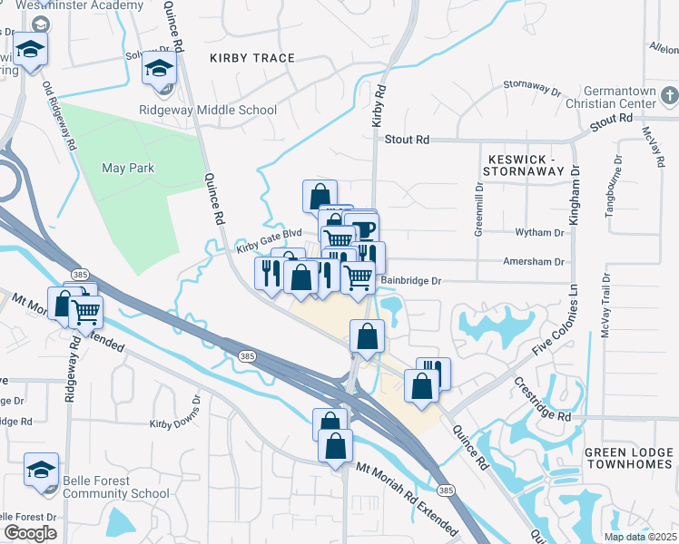 map of restaurants, bars, coffee shops, grocery stores, and more near 2835 Kirby Road in Memphis