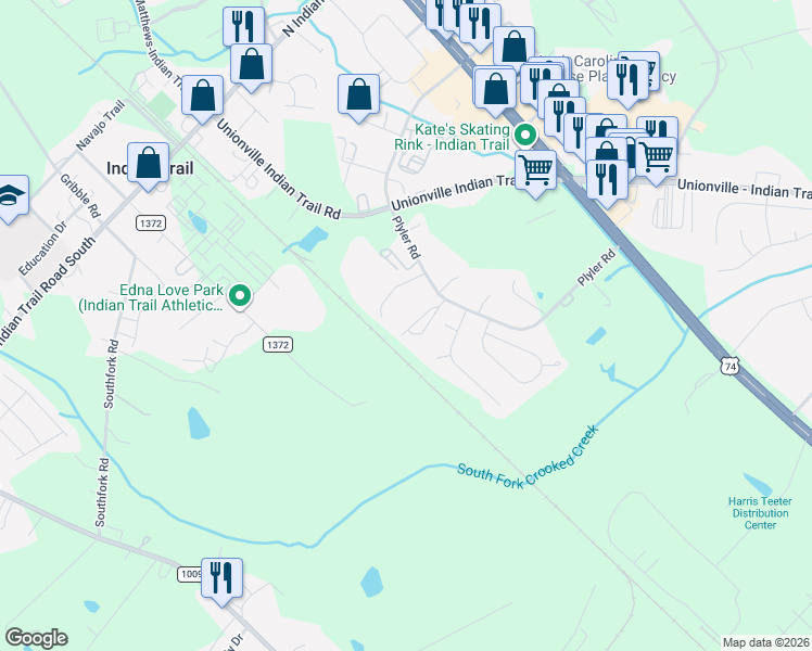 map of restaurants, bars, coffee shops, grocery stores, and more near 214 Plyler Road in Indian Trail