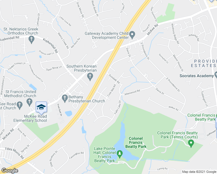 map of restaurants, bars, coffee shops, grocery stores, and more near 6434 Gatesville Lane in Charlotte