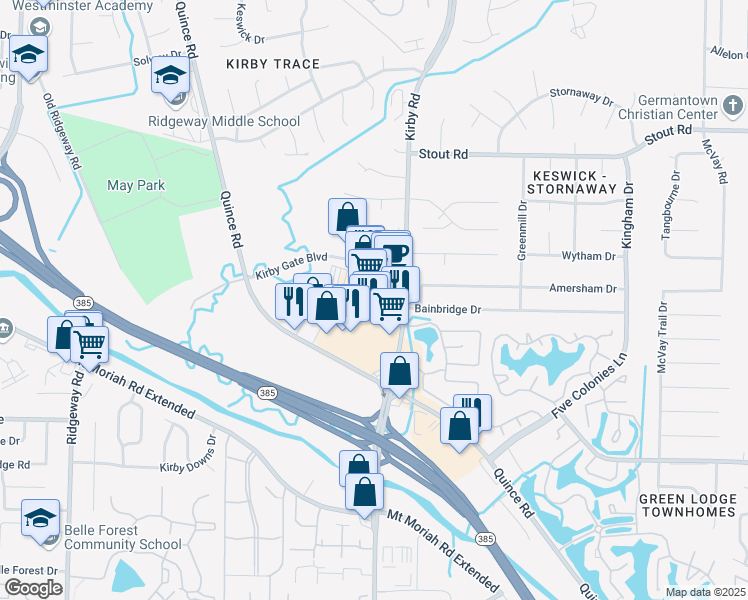 map of restaurants, bars, coffee shops, grocery stores, and more near 2835 Kirby Road in Memphis