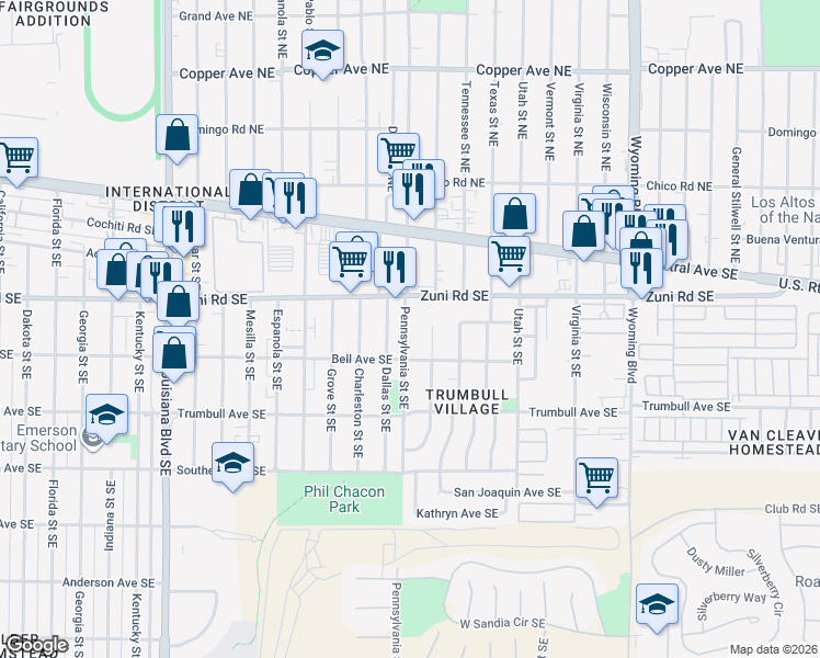 map of restaurants, bars, coffee shops, grocery stores, and more near 309 Rhode Island Street Southeast in Albuquerque