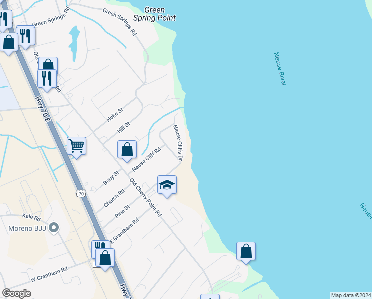 map of restaurants, bars, coffee shops, grocery stores, and more near 2122 Neuse Cliffs Drive in New Bern