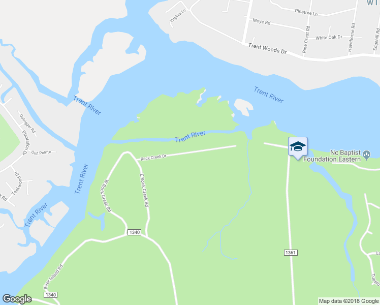 map of restaurants, bars, coffee shops, grocery stores, and more near 233 Rock Creek Drive in New Bern