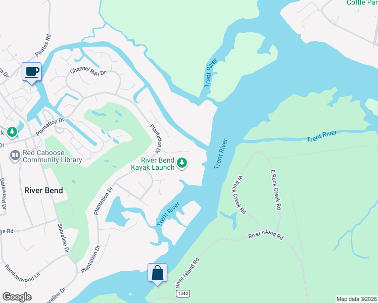 map of restaurants, bars, coffee shops, grocery stores, and more near 298 Gull Pointe in New Bern