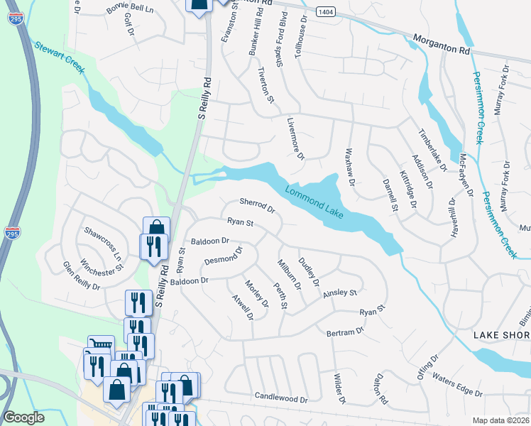 map of restaurants, bars, coffee shops, grocery stores, and more near 6642 Sherrod Drive in Fayetteville