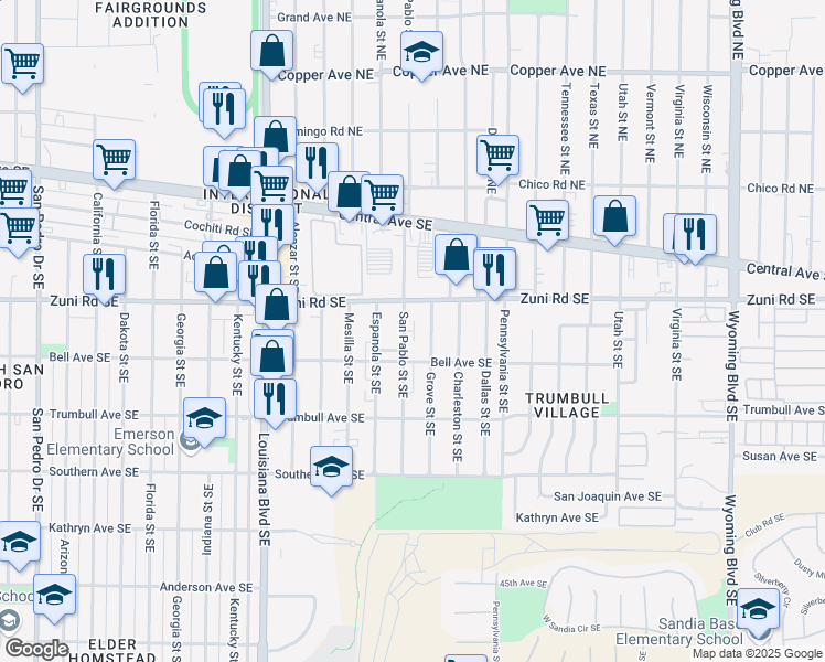 map of restaurants, bars, coffee shops, grocery stores, and more near 418 San Pablo Street Southeast in Albuquerque