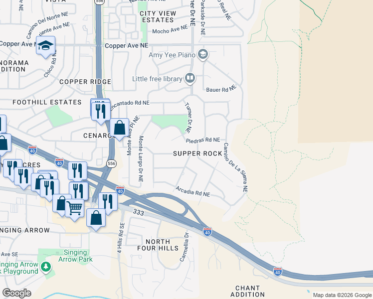 map of restaurants, bars, coffee shops, grocery stores, and more near 14125 Skyline Road Northeast in Albuquerque