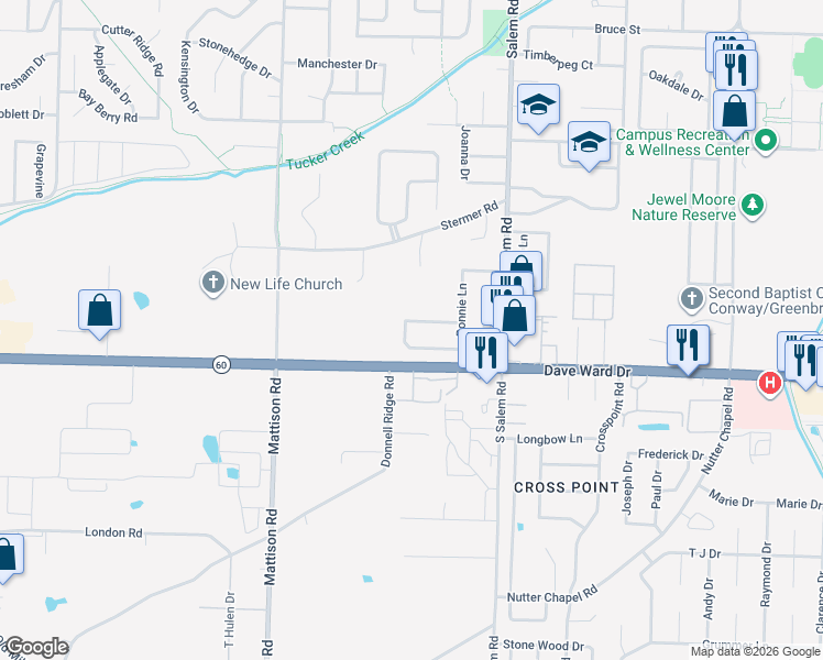map of restaurants, bars, coffee shops, grocery stores, and more near 3040 Sassy Road in Conway