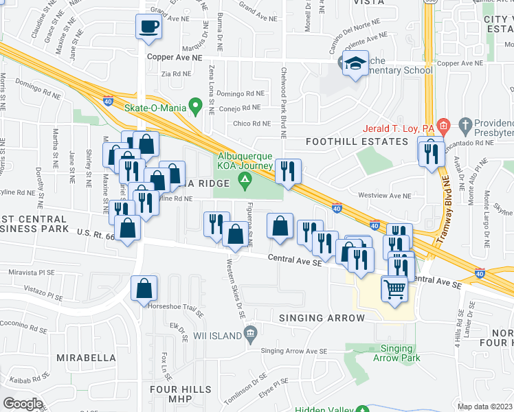 map of restaurants, bars, coffee shops, grocery stores, and more near 12804 Skyline Road Northeast in Albuquerque