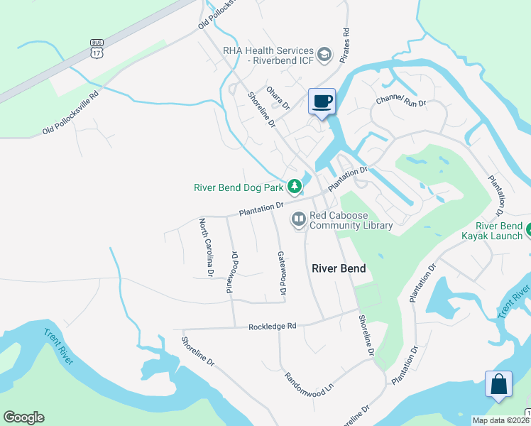 map of restaurants, bars, coffee shops, grocery stores, and more near 103 Gatewood Drive in New Bern