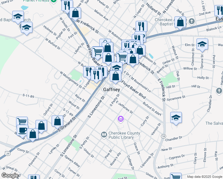 map of restaurants, bars, coffee shops, grocery stores, and more near in Gaffney