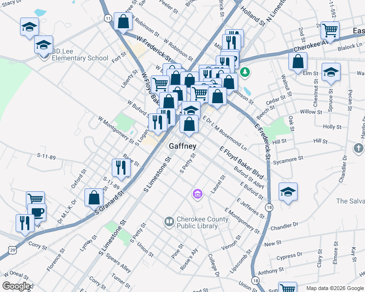 map of restaurants, bars, coffee shops, grocery stores, and more near in Gaffney