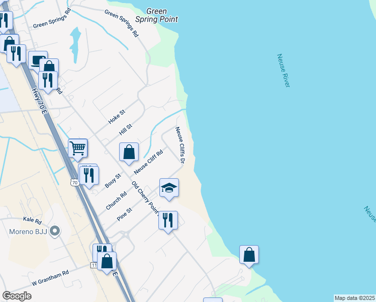map of restaurants, bars, coffee shops, grocery stores, and more near 2122 Neuse Cliffs Drive in New Bern