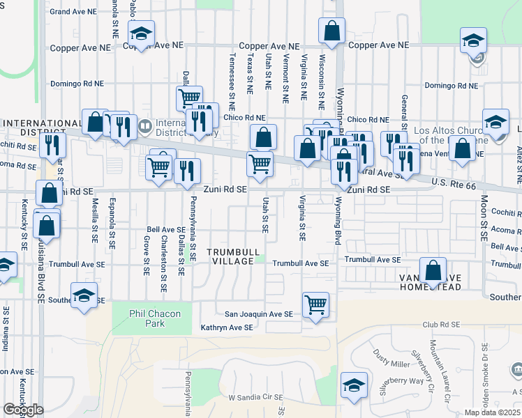 map of restaurants, bars, coffee shops, grocery stores, and more near 308 Texas Street Southeast in Albuquerque
