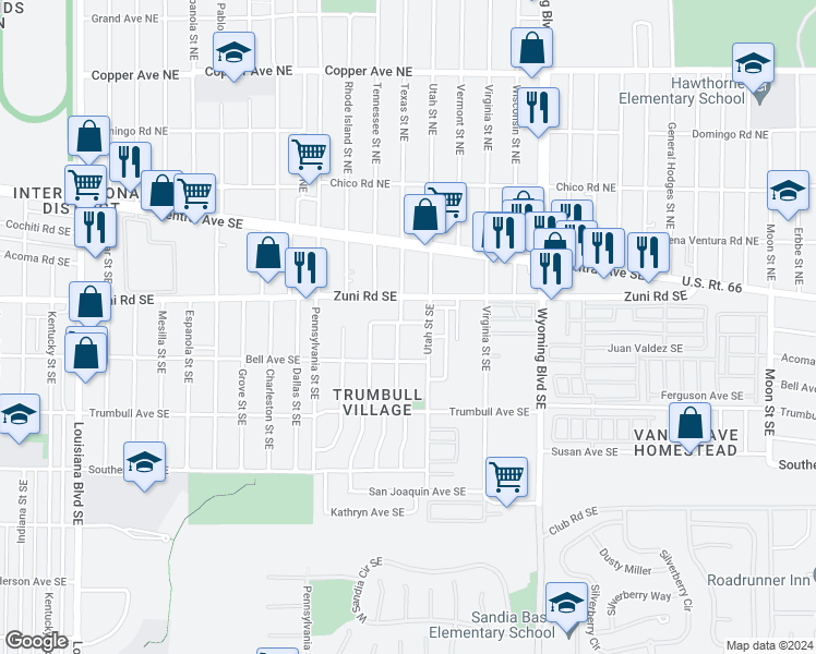 map of restaurants, bars, coffee shops, grocery stores, and more near 308 Texas Street Southeast in Albuquerque